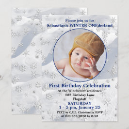 ウィンター ワンダーランド ブルー ファースト バースデー スノーフレーク 招待状
