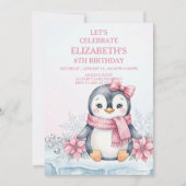 ウィンター・ワンダーランド・ペンギン・ガールの誕生日 招待状 (正面)