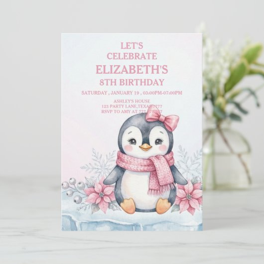 ウィンター・ワンダーランド・ペンギン・ガールの誕生日 招待状 (スタンド正面)