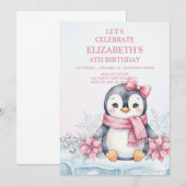 ウィンター・ワンダーランド・ペンギン・ガールの誕生日 招待状 (正面/裏面)