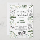 ウィンター ワンダーランド 動物 1歳 誕生日 招待状 (正面)