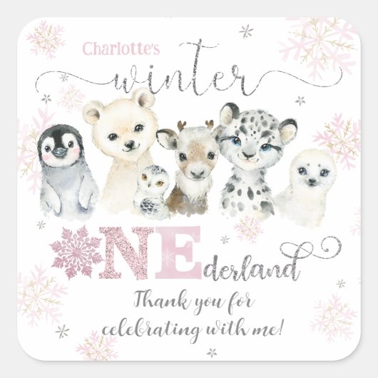 ウィンター・ワンダーランド 北極の動物たち 雪 1歳の誕生日 スクエアシール (正面)