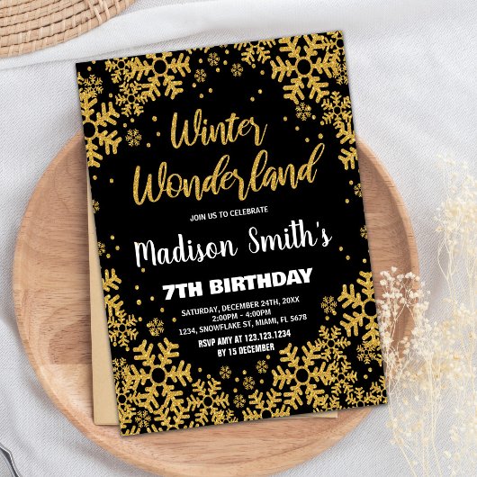 ウィンター ワンダーランド 誕生日 招待状 ブラック ゴールド