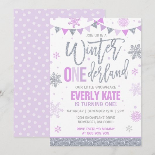 ウィンター ワンダーランド 誕生日 招待状 ライラック シルバー (正面/裏面)