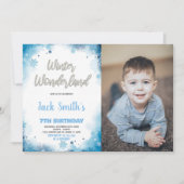 ウィンター ワンダーランド 誕生日 招待状 青い写真 (正面)