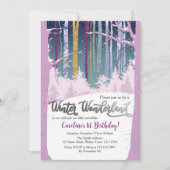 ウィンター ワンダーランド 雪の森 パープル シルバー フォト 招待状 (正面)