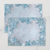 ウィンター ワンダーランド 雪の結晶 青い色の Save the Date 案内ポストカード (正面/裏面)