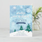 ウィンター ワンダーランド 1歳の誕生日パーティー招待状 招待状 (スタンド正面)
