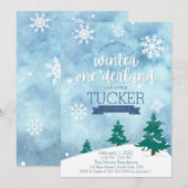 ウィンター ワンダーランド 1歳の誕生日パーティー招待状 招待状 (正面/裏面)