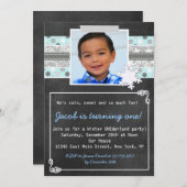 ウィンター ワンダーランド 1歳の誕生日招待状 青 招待状 (正面/裏面)