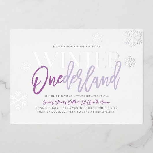 ウィンター ワンダーランド 1歳の誕生日 パープル シルバー 箔招待状 (正面)