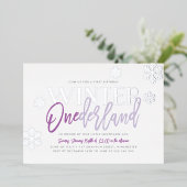 ウィンター ワンダーランド 1歳の誕生日 パープル シルバー 箔招待状 (立ち正面)