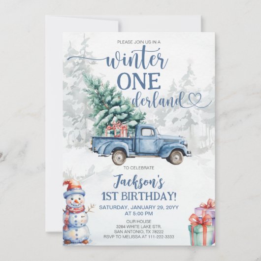 ウィンター・ワンダーランド 1歳の誕生日 招待状 (正面)