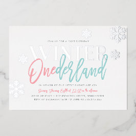 ウィンター ワンダーランド 1歳 誕生日 ピンク ブルー シルバー 箔招待状