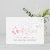 ウィンター ワンダーランド 1st バースデー ピンク シルバー 箔招待状 (立ち正面)