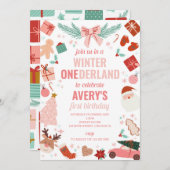 ウィンター・ワンダーーランド ピンクのクリスマス ガール 1歳の誕生日 招待状 (正面/裏面)