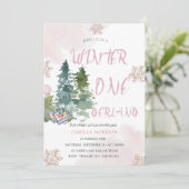 ウィンター ワン デアーランド ピンク ガール 1歳 誕生日 招待状 (スタンド正面)