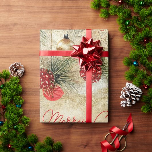 ウィンター ヴィンテージ クリスマス 赤いガラス ボール ラッピングペーパー (クリスマスギフト)