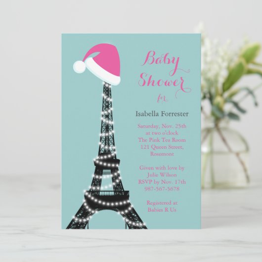 ウィンティエッフェルタワーベビーシャワー招待状ターコイズ 招待状 (スタンド正面)