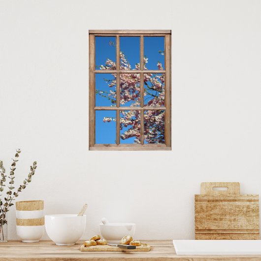 ウィンドウからの開花さくらんぼツリー表示 ポスター (キッチン)
