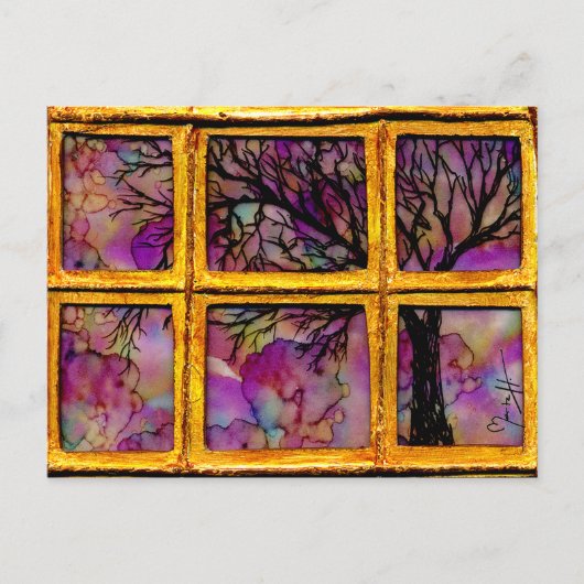 ウィンドウを通して – ピンク色の背景のツリー ポストカード (正面)