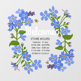 ウィンドウロック店の時間ウェルカムブルーの花 ウィンドウサイン
