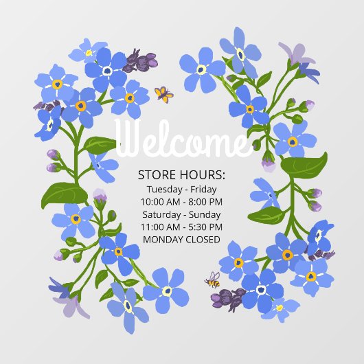 ウィンドウロック店の時間ウェルカムブルーの花 ウィンドウサイン (シート)