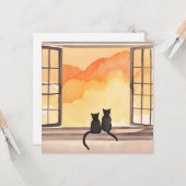 ウィンドウ内の猫 | 日没の水色シルエット カード (正面/裏面インサイチュ)