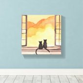 ウィンドウ内の猫 | 日没の水色シルエット キャンバスプリント (インサイチュ (ウッドフロア))