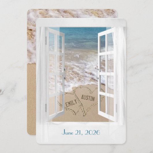 ウィンドウ結婚内のビーチハート 招待状 (正面/裏面)