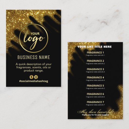 ウィンドスイープグリッターブラックアンド金ゴールドフレグランスリスト 名刺 (正面/裏面)
