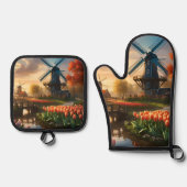 ウィンドミルオランダカントリーサイドバイリバーとチューリップ 鍋つかみ&鍋敷きセット (正面)