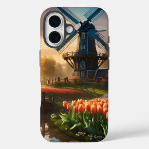 ウィンドミルオランダカントリーサイドバイリバーとチューリップ iPhone 16ケース