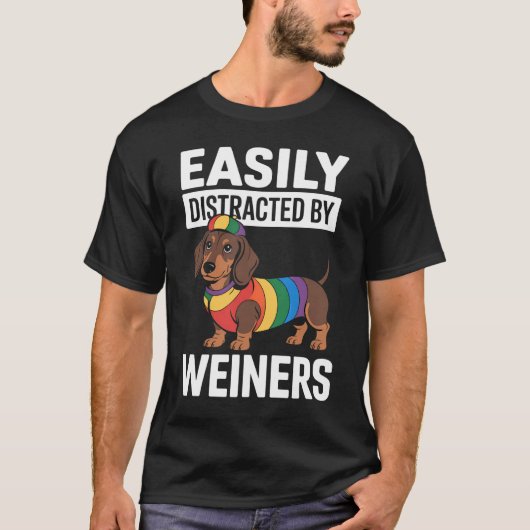 ウィンナーに簡単に気を取られる LGBTQ レインボー ゲイ Tシャツ (正面)