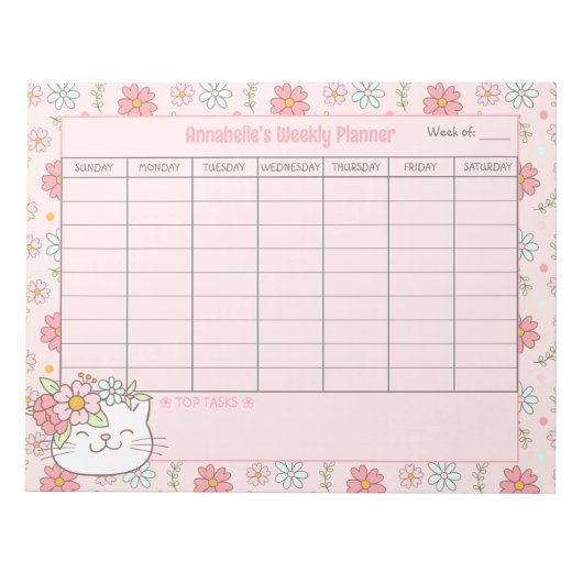 ウィークリープランナーかわいい猫ピンクのフローラ名涙遠くに ノートパッド (正面)