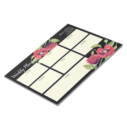 ウィークリープランナーウォーターカラーレッドポピズブラック ノートパッド (アングル)