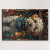 ウィートテリアの犬とクリスマスプレゼントの暖炉 ジグソーパズル (横)
