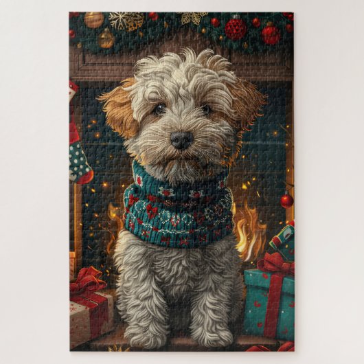 ウィートテリアの犬とクリスマスプレゼントの暖炉 ジグソーパズル (縦)