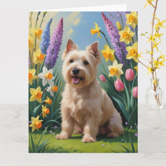 ウィートンテリア犬 春の花の絵 カード (黄色い花)
