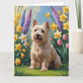 ウィートンテリア犬 春の花の絵 カード (正面)