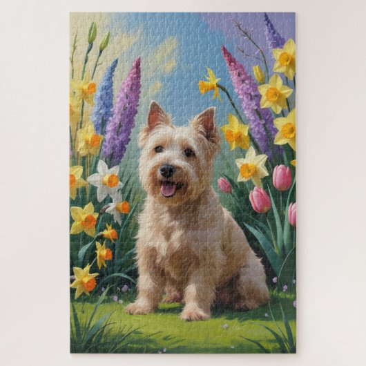 ウィートン・テリア 犬 春の花の絵画 ジグソーパズル (縦)