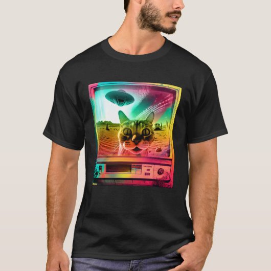 ウィードコア レトロ テレビ 80年代 90年代 猫 エステティック Tシャツ (正面)