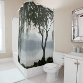 ウィーピングウィローレイクマウンテンランドスケープブラックグレー シャワーカーテン (インサイチュ)