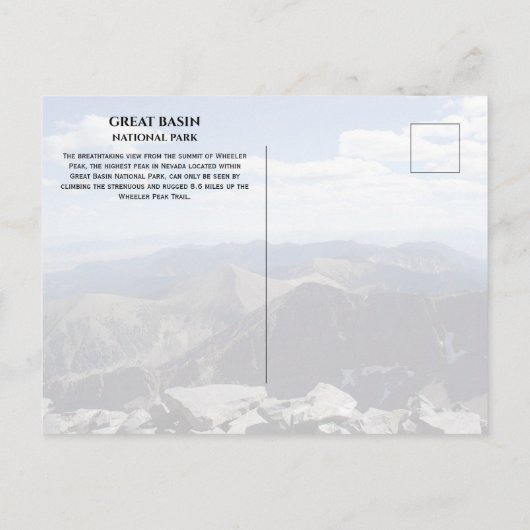 ウィーラーピークサミッ素晴らしトビューバネットNP，ネバダ ポストカード (裏面)