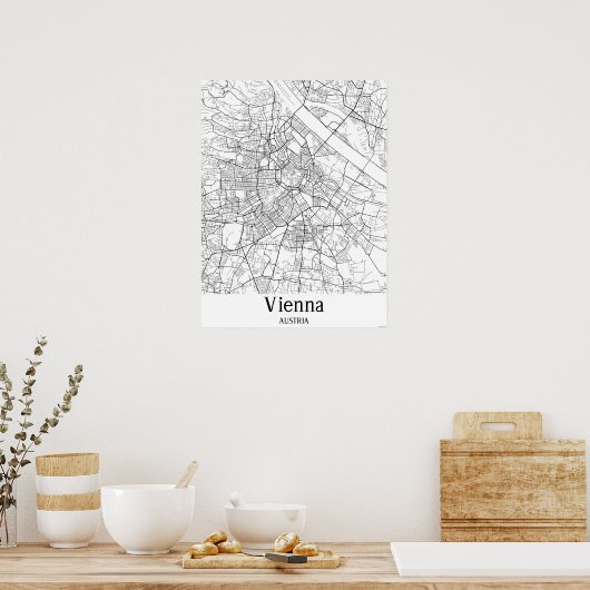 ウィーンオーストリアブラックアンドホワイトヨーロッパシティの地図 ポスター (キッチン)