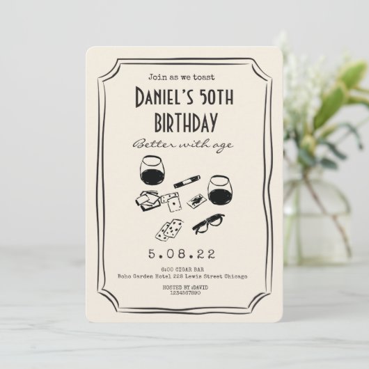 ウイスキお洒落シファンキーーシガー50誕生日 招待状 (スタンド正面)