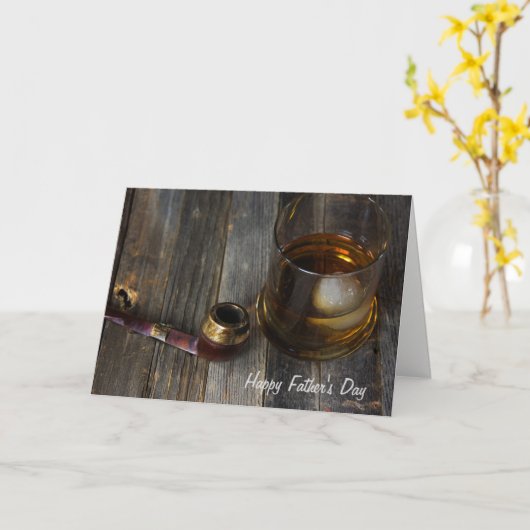 ウイスキーとパイプを木材に乗せた父の日 カード (黄色い花)