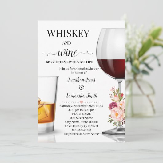 ウイスキーとワインの前にウェディングシャワーピンク 招待状 (スタンド正面)
