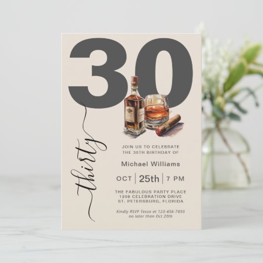 ウイスキーと男らし葉巻30歳の誕生日パーティー 招待状 (スタンド正面)