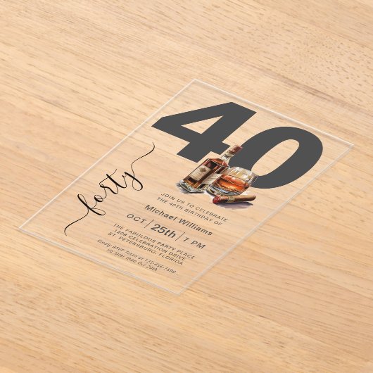 ウイスキーと男らし葉巻40歳の誕生日パーティー アクリル招待状 (レイダウン)